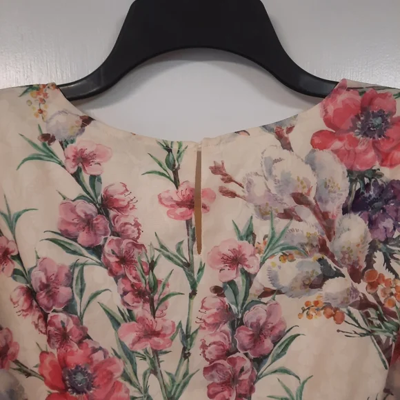 Polagram Cream Floral Puff Sleeve Tiered Mini XL Sonia Dress Side Pockets NWT - Picture 12 of 16